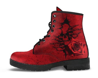 Combat Boots - Goth Shoes #102 Skulls & Roses, Grunge Red | Witch Shoes Lace Up, Custom Shoes Boho, Witch Witchy, Gothic, Unisex Adult