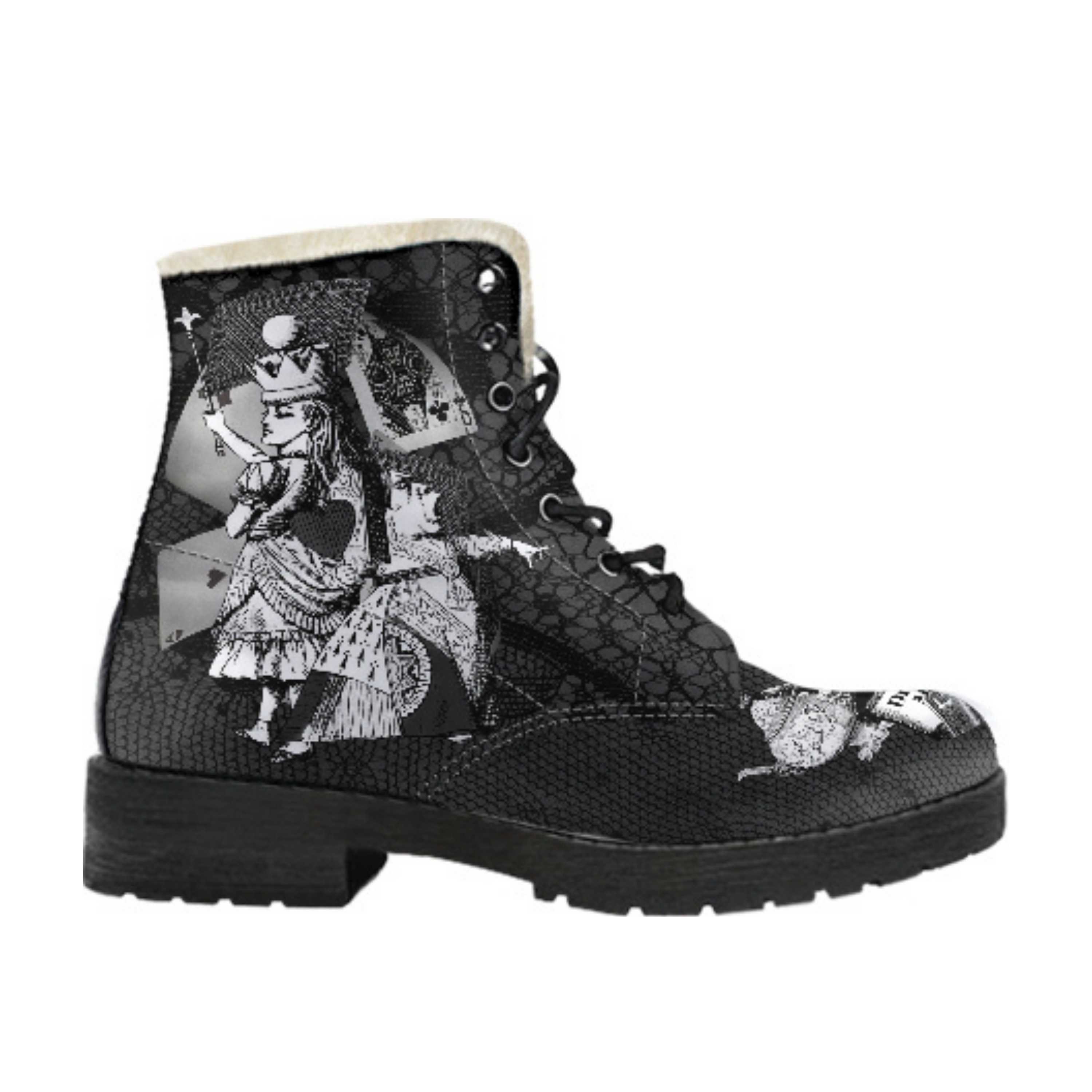 Faux Fur Combat Boots Zwart Kant Print Schoenen damesschoenen Laarzen Werklaarzen & Kisten Alice in Wonderland Geschenken #34 Rode Serie aangepaste schoenen Verjaardagscadeau idee 
