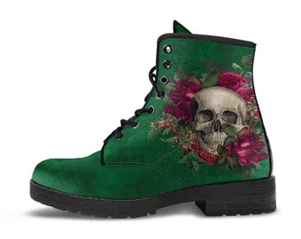 Combat Boots - Goth Shoes #110 Skulls & Roses, Grunge Green | Witch Shoes Lace Up Boots, Custom Shoes Boho, Goth Witch Boots, Unisex Adult