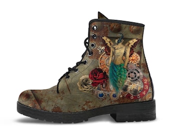 Combat Boots - Steampunk Inspired Design #113 Sci-fi Peacock Butterfly | Custom Shoes, Grunge Rustic, Victorian Steampunk Science Fiction