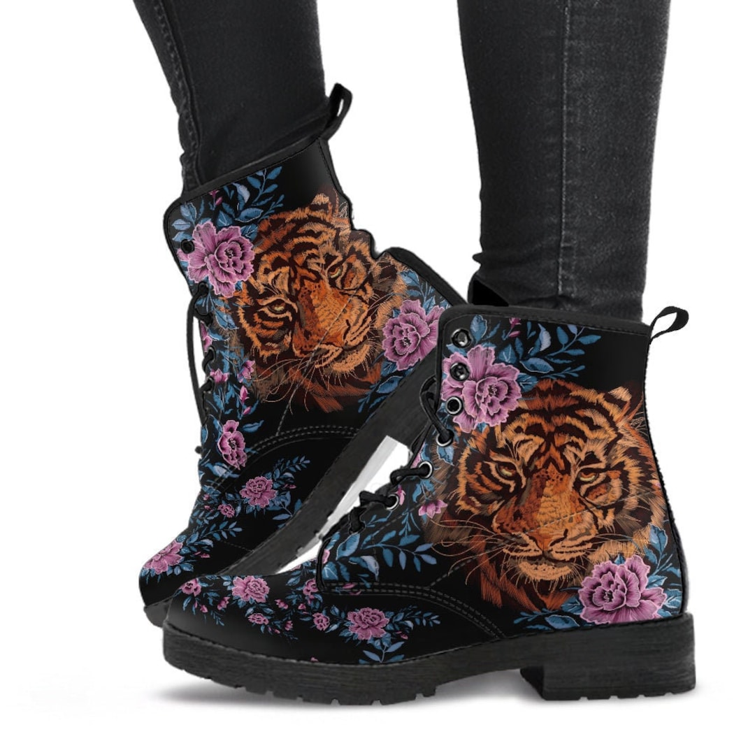Botas de combate Tigre y flores #2 Botas hipster negras para