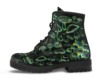 Combat Boots - Mushroom Boots #106 Black | Mushroom Gift, Birthday Gift Idea, Vegan Leather Lace Up Boots, Custom Unisex Adult Shoes