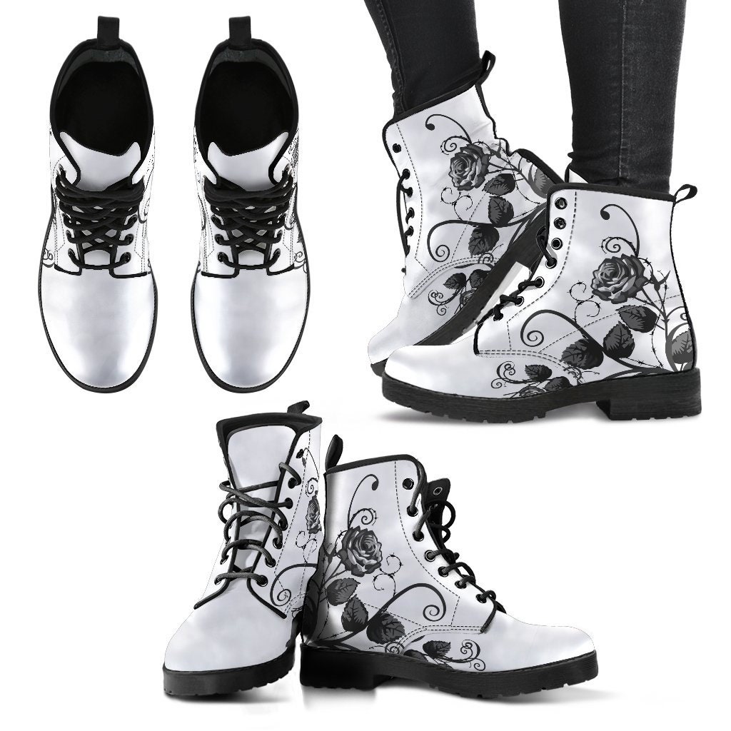 White Combat Boots Gray Roses Boho Shoes Handmade Lace up - Etsy