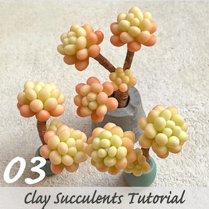 Puede incluir: Suculentas de arcilla hechas a mano en tonos amarillo, melocotón y marrón, presentadas en pequeñas macetas y un jarrón gris. La imagen incluye el texto "03" y "Clay Succulents Tutorial".