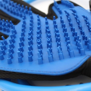 May include: A blue pet grooming glove with numerous soft, rounded bristles. The glove has a black mesh backing and a blue plastic frame. The bristles are designed to gently remove loose hair and massage the pet's skin.