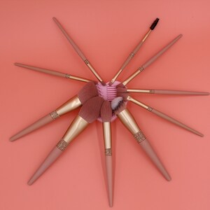 Puede incluir: Un conjunto de ocho pinceles de maquillaje con mangos de oro rosa y cerdas rosadas. Los pinceles est&aacute;n dispuestos en forma de estrella sobre un fondo coral.