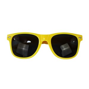 May include: Yellow plastic sunglasses with black lenses.