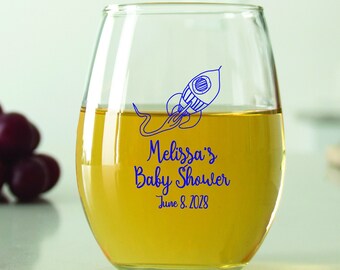 24 pcs - Personalized 9 oz. Stemless Wine Glass - Rocket Ship - Unique Personalized Stemless Wine Glass - Cute Baby Shower Favors - DGN159