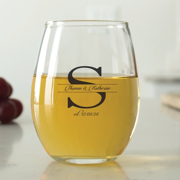 24 pcs - Personalized 9 oz. Stemless Wine Glass - Split Monogram Favors - Unique Personalized Stemless Wine Glass- Wedding Favors - DGN252