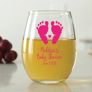 24 pcs - Personalized 9 oz. Stemless Wine Glass - Baby Feet - Unique Personalized Stemless Wine Glass - Cute Baby Shower Favors - DGN194