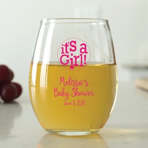 24 pcs - Personalized 9 oz. Stemless Wine Glass - It's a Girl! - Unique Personalized Stemless Wine Glass - Cute Baby Shower Favors - DGN179