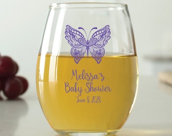 24 pcs - Personalized 9 oz. Stemless Wine Glass-Decorative Butterfly-Unique Personalized Stemless Wine Glass -Cute Baby Shower Favors-DGN257