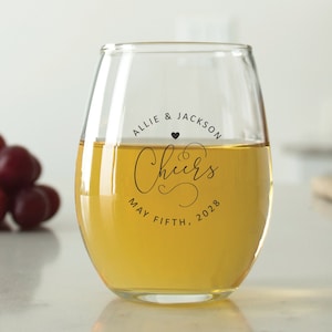 60pcs - Personalized 15oz. Stemless Wine Glass - Cheers Monogram Favors - Unique Personalized Stemless Wine Glass - Wedding Favors - DGN245