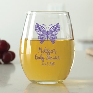 24 pcs - Personalized 9 oz. Stemless Wine Glass-Decorative Butterfly-Unique Personalized Stemless Wine Glass -Cute Baby Shower Favors-DGN257