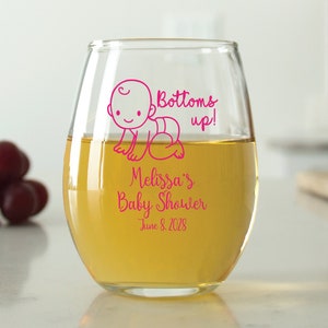 24 pcs - Personalized 9 oz. Stemless Wine Glass - Bottoms Up - Unique Personalized Stemless Wine Glass - Cute Baby Shower Favors - DGN165
