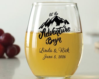 24 pcs - Personalized 15oz. Stemless Wine Glass - Let the Adventure Begin - Unique Personalized Stemless Wine Glass - Wedding Favors - DGN1