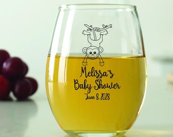 24 pcs - Personalized 9 oz. Stemless Wine Glass - Baby Monkey - Unique Personalized Stemless Wine Glass - Cute Baby Shower Favors - DGN139