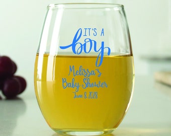 24 pcs - Personalized 9 oz. Stemless Wine Glass - Its a Boy - Unique Personalized Stemless Wine Glass - Cute Baby Shower Favors - DGN142