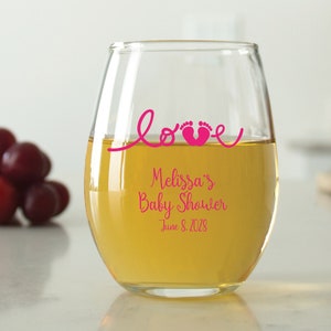 24 pcs - Personalized 9 oz. Stemless Wine Glass - Love Baby Feet - Unique Personalized Stemless Wine Glass - Cute Baby Shower Favors -DGN199