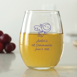 24 pcs - Personalized 9 oz. Stemless Wine Glass - Angel Girl - Unique Personalized Stemless Wine Glass - Religious Favors - Posh - DGN111