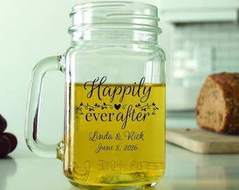 24 pcs - Personalized Mason Jar - Happily Ever After - Unique Mason Mug - Wedding Favors - Gift Ideas - Mason Jar with Handle - Glass -DGN41