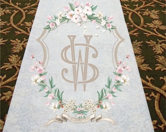 Personalized Wedding Aisle Runners - Elegant Floral Monogram with Names and Date Design - Entrance Format Plain White Entrance Aisle Runner
