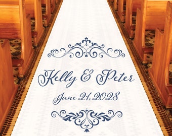 Personalized Wedding Aisle Runner - Simply Elegant Frame Wedding Design Names and Date - Entrance Format Plain White Entrance Aisle Runner