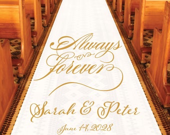 Corredores de pasillo de boda personalizados - Escritura elegante Siempre y para siempre Nombres de diseño y fecha - Corredor de pasillo de entrada blanco liso de entrada