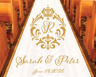 Personalized Wedding Aisle Runners - Wedding Elegant Royal Design Initial Names and Date - Entrance Format Plain White Entrance Aisle Runner