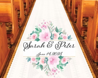 Personalized Wedding Aisle Runners - Wedding Elegant Flower Design Names and Date - Entrance Format Plain White Entrance Aisle Runner