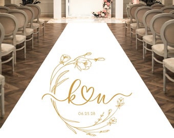 Personalized Wedding Aisle Runners - Wedding Monogram Classic Round Floral Design - Entrance Format Plain White Entrance Aisle Runner Decor