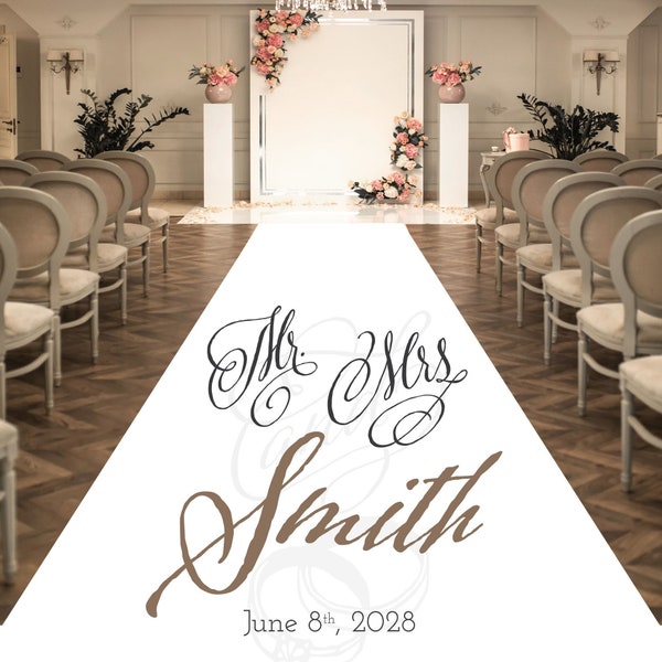 Personalized Wedding Ring Aisle Runner - Mr and Mrs Last Name and Date, Entrance Scroll Format Plain White Entrance Aisle Runner Decor