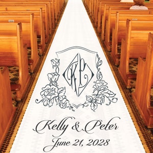 Personalized Wedding Aisle Runner - Fancy Diamond Monogam Wedding Design Names and Date - Entrance Format Plain White Entrance Aisle Runner