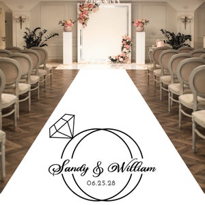 Personalized Wedding Aisle Runners - Wedding Rings Modern Design Names, Date - Entrance Format Plain White Entrance Aisle Runner Decor