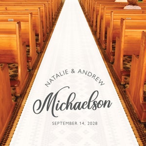 Personalized Wedding Aisle Runners - Elegant Fancy Script Design Names and Date - Entrance Format - Plain White Entrance Aisle Runner