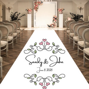 Personalized Wedding Aisle Runners - Wedding Heart Vine Design Names and Date - Entrance Format Plain White Entrance Aisle Runner Decor