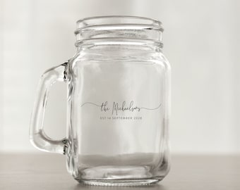 35 pcs - Personalized Mini Mason Jar - Family Monogram - Unique Mini Mason Mug - Wedding Favor-Gift Ideas-Mini Mason Jar with Handle-DGN253