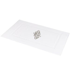 May include: White bath mat with a gray embroidered monogram "MB" in a diamond shape.
