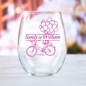 24pcs - Personalized 9oz Stemless Wine Glass - Bicycle with Ballons Design Unique Personalized Stemless Wine Glass Wedding Favors, DGN337
