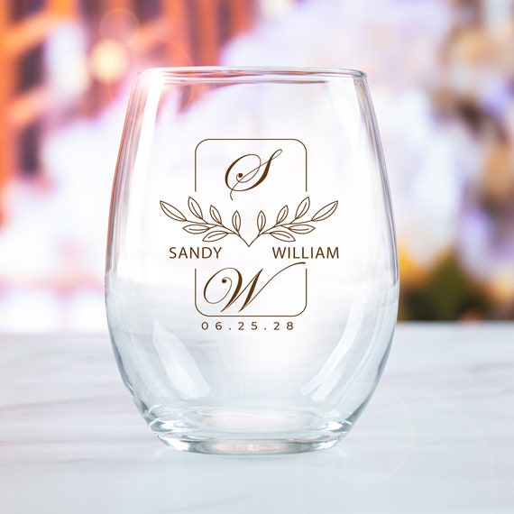 Floral Monogrammed Stemless Wine Glass