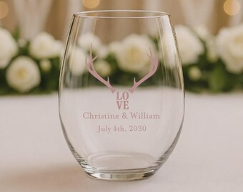 24pcs Personalized Stemless Wine Glasses - Boho Love Antlers - Wedding Favors - WS890