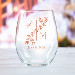 24pcs - Personalized 9oz Stemless Wine Glass - Elegant Flower Initials Design Unique Personalized Stemless Wine Glass Wedding Favors, DGN337