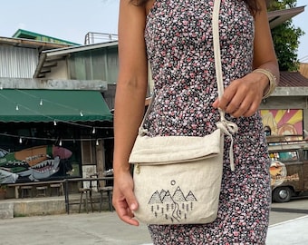 Embroidered Linen Crossbody Bag: Handmade Mini Hobo Bag