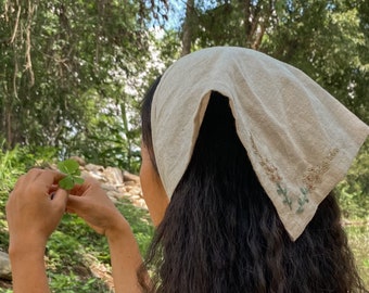 HB04// Headband // Headscarf // Head Wrap // natural linen Kerchief // Boho Headwrap // Bandana // Hand embroidery Kerchief //