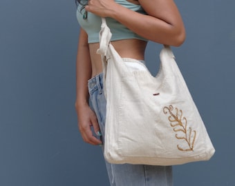 Handmade Linen Crossbody Bag: Embroidered Boho Tote