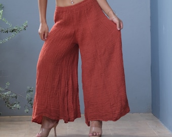 Gauze Cotton Palazzo Pants: Boho Wide Leg Trousers
