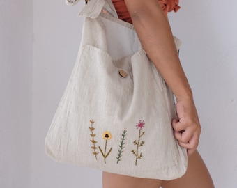 Handmade Linen Hobo Bag: Embroidered Floral Crossbody