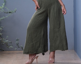 100% Cotton Gauze Palazzo Pants – Boho Ruffled Wide Leg Bell Bottoms