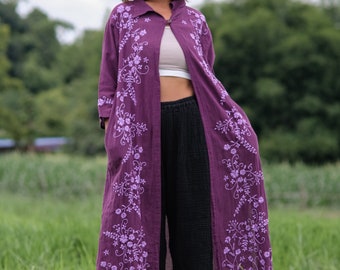 Embroidered Cotton Long Jacket: Boho Coat Dress
