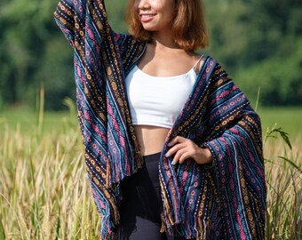 Cotton Woven Festival Poncho: Colorful Tassel Cardigan